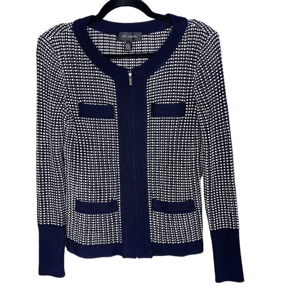 St. John 4 Navy Blue White Textured Knit Cardigan Sweater Zip Front Cotton Wool - Picture 1 of 10
